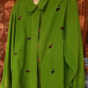 Quacker Factory Green Button-Down Shirt with Embroidered Dogs